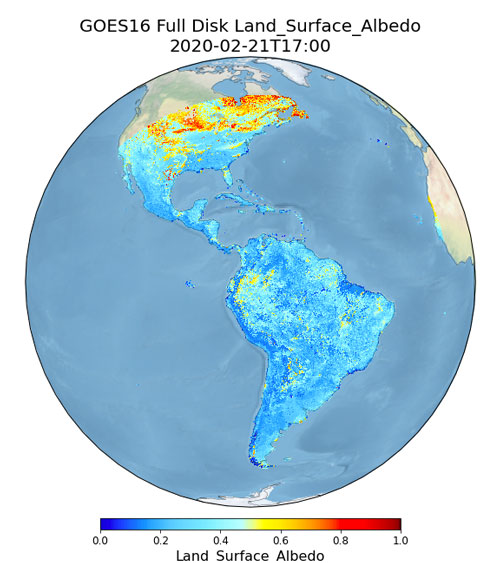 GOES-16 full disk land surface albedo on Feb. 21, 2020.  
